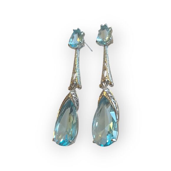 European Style Sky Blue Topaz Silver Woman Dangle Drop Earrings Wedding - Picture 3 of 7